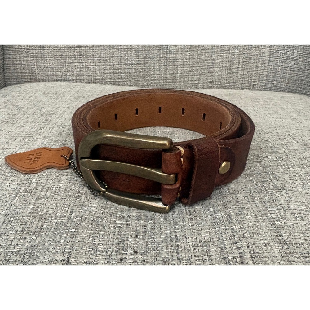 Steel City Mens Brown Genuine Leather Belt Size 36 Brass Buckle